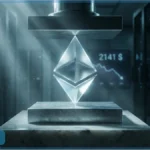 Logo Ethereum en cristal sous une presse hydraulique symbolisant la pression du marché à 2141 dollars