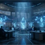 Salle de contrôle futuriste affichant des graphiques du prix Ethereum et des réseaux DeFi