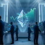 Graphique de la crypto Ethereum affiché sur un écran géant dans une salle de marché