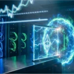 Logo Ethereum brillant sur un panneau en verre dans une salle de serveurs avec graphiques boursiers