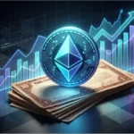 Représentation visuelle du logo Ethereum sur une pile de bons du Trésor américain avec des graphiques de croissance financière.