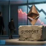 Logo Ethereum sur un socle en pierre marqué Support devant un graphique de prix en chute