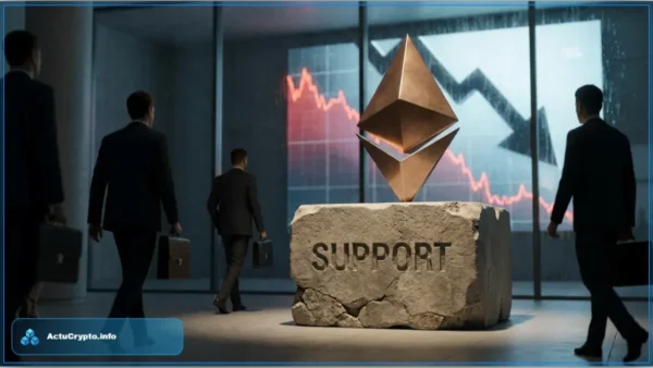 Logo Ethereum sur un socle en pierre marqué Support devant un graphique de prix en chute