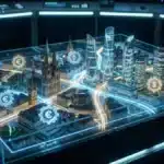 Maquette 3D d'une ville européenne avec des icônes de stablecoins et de l'euro symbolisant la finance numérique