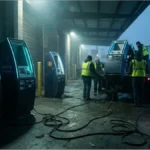 Ouvriers chargeant des bornes Bitcoin Depot sur un camion dans un entrepôt