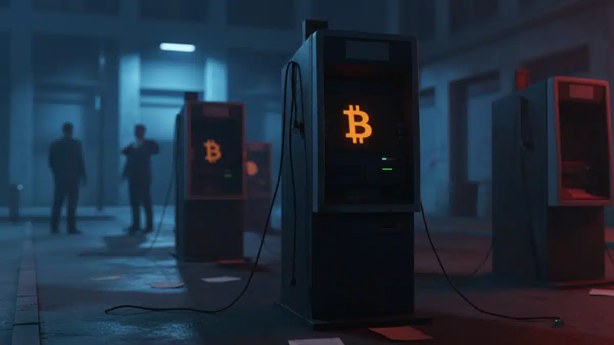 Illustration réaliste de distributeurs Bitcoin hors ligne après la faillite d’un grand réseau crypto en Amérique du Nord