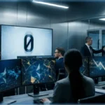 Salle de contrôle affichant le logo Zero Network et des graphiques de marché Ethereum en baisse
