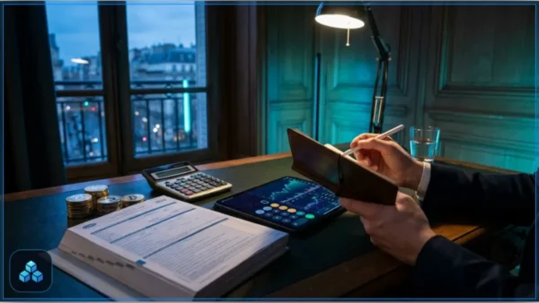 Investisseur calculant sa fiscalité crypto avec une tablette et des formulaires fiscaux