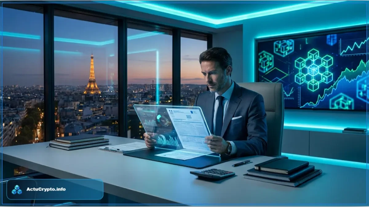 Investisseur préparant sa déclaration d'impôts dans un bureau parisien, illustrant la fiscalité crypto en France.