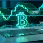 Logo Bitcoin en néon vert sur fond de graphiques boursiers affichant le prix de 73702 dollars