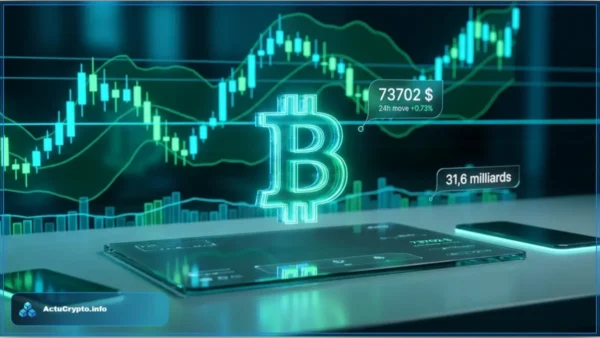 Logo Bitcoin en néon vert sur fond de graphiques boursiers affichant le prix de 73702 dollars