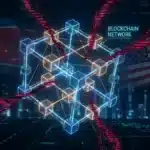 Représentation visuelle d'un hack crypto ciblant une blockchain avec les drapeaux nord-coréen et américain