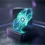 Illustration technologique du hard fork Cardano avec un cristal lumineux sur socle métallique