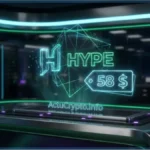 Représentation 3D holographique du jeton Hyperliquid affichant un prix de 58 dollars sur un fond sombre premium.