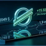 Logo de la crypto-monnaie Stellar (XLM) sur fond de graphique boursier montrant une forte hausse de son prix et des données de marché clés.