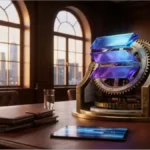 Deux professionnels de la finance examinent un dossier sur les protocoles d'intégration du stablecoin dans un bureau.