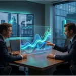Deux analystes financiers examinant des graphiques de performance crypto sur un écran holographique dans un bureau moderne