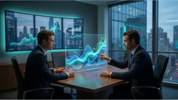 Deux analystes financiers examinant des graphiques de performance crypto sur un écran holographique dans un bureau moderne