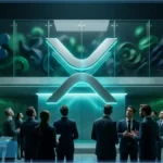 Un groupe de professionnels de la finance en costume observent un grand logo lumineux de la cryptomonnaie XRP, illustrant l'analyse technique et l'attente du marché face à une résistance clé.