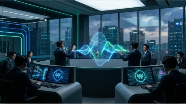 Écrans de trading affichant le symbole du Won coréen et technologie blockchain Solana dans un bureau moderne