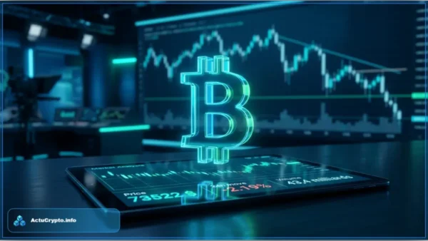 Analyse technique du Bitcoin (BTC) illustrée par un graphique de cours en baisse et le logo de la crypto, symbolisant la pression vendeuse sur un support majeur.
