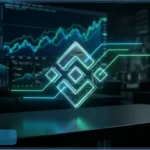 Logo de la crypto de Binance, le BNB, illuminé en néon devant des écrans affichant des graphiques de trading en hausse, illustrant sa surperformance sur le marché.