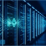 Logo Ethereum (ETH) au centre d'un data center, connecté à des serveurs par des flux de données lumineux, illustrant le financement de l'IA par la trésorerie crypto.