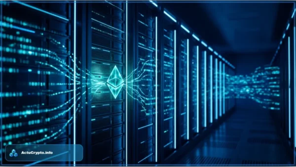 Logo Ethereum (ETH) au centre d'un data center, connecté à des serveurs par des flux de données lumineux, illustrant le financement de l'IA par la trésorerie crypto.