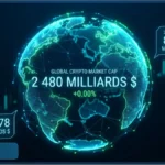 Globe terrestre numérique illustrant la capitalisation du marché crypto atteignant 2 480 milliards de dollars avec un volume de 84,78 milliards sur 24 heures.