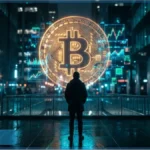 Hologramme géant du Bitcoin et graphiques boursiers observés par un investisseur, illustrant l'état du marché crypto sous pression macroéconomique.