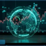 Illustration 3D représentant l'état du marché crypto global, avec la capitalisation totale, le volume et l'indice Fear & Greed affichés sur un fond de graphique financier.