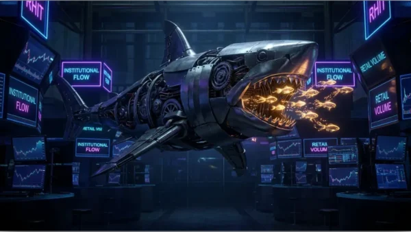 Un requin mécanique représentant les institutions dévorant des petits poissons dorés sur un marché de prédiction
