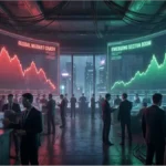 Salle de trading futuriste avec écrans géants affichant des graphiques boursiers pour les marchés de prédiction