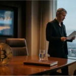 Michael Saylor analysant des documents financiers avec un Bitcoin posé sur son bureau