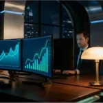 Analyste financier devant des écrans affichant des graphiques de croissance pour MicroStrategy