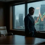 Michael Saylor devant un graphique du cours du Bitcoin illustrant la possible vente par MicroStrategy
