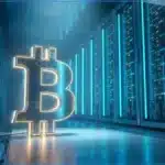 Serveurs informatiques modernes illustrant l'infrastructure IA et le minage Bitcoin.
