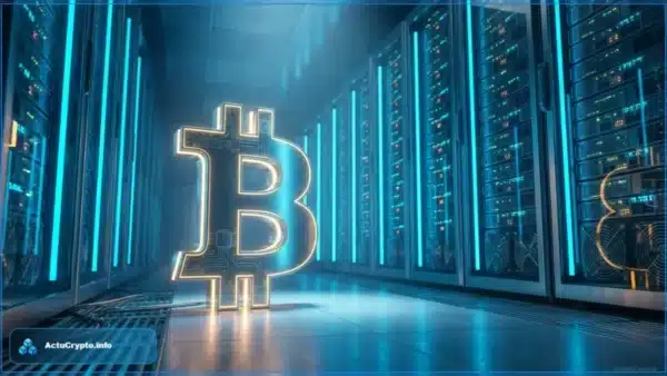 Serveurs informatiques modernes illustrant l'infrastructure IA et le minage Bitcoin.