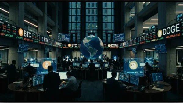 Salle de trading de Wall Street avec des écrans affichant les cours du Bitcoin et de l'Ethereum pour Morgan Stanley
