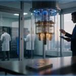 Représentation d'un ordinateur quantique dans un laboratoire de haute technologie avec un logo Bitcoin
