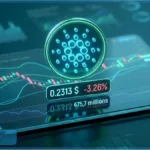Logo 3D du Cardano au-dessus d'un graphique financier affichant un prix de 0,2313 dollar en baisse