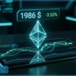 Tablette numérique affichant un graphique boursier et le prix d'Ethereum à 1986 dollars en baisse de 3,52 %