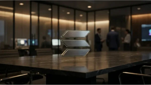 Illustration 3D du logo Solana avec un graphique de trading en arrière-plan montrant une stagnation du prix