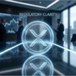 Logo XRP lumineux sur une table de réunion dans un environnement financier professionnel