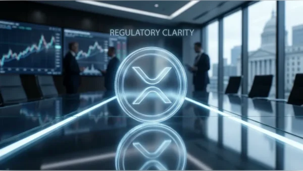 Logo XRP lumineux sur une table de réunion dans un environnement financier professionnel