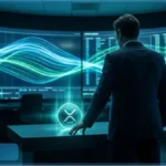 Un homme d'affaires observe des graphiques financiers sur de grands écrans avec un hologramme du logo XRP sur un bureau, illustrant l'analyse du prix XRP