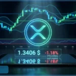 Graphique financier montrant le logo XRP et le prix à 1,34 dollar sur un écran