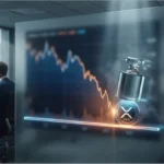 Graphique de trading montrant la chute du cours du XRP sous un poids symbolisant la pression vendeuse