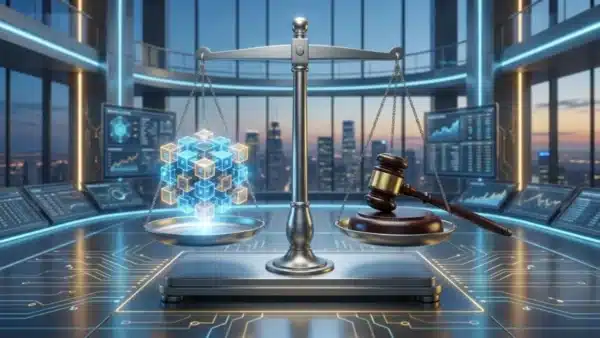 Balance symbolisant la régulation des cryptomonnaies avec un cube blockchain et un marteau de juge