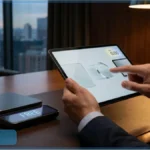 Un utilisateur effectuant une transaction de stablecoin sans frais sur une tablette pour illustrer la mise à jour du Réseau Sui.